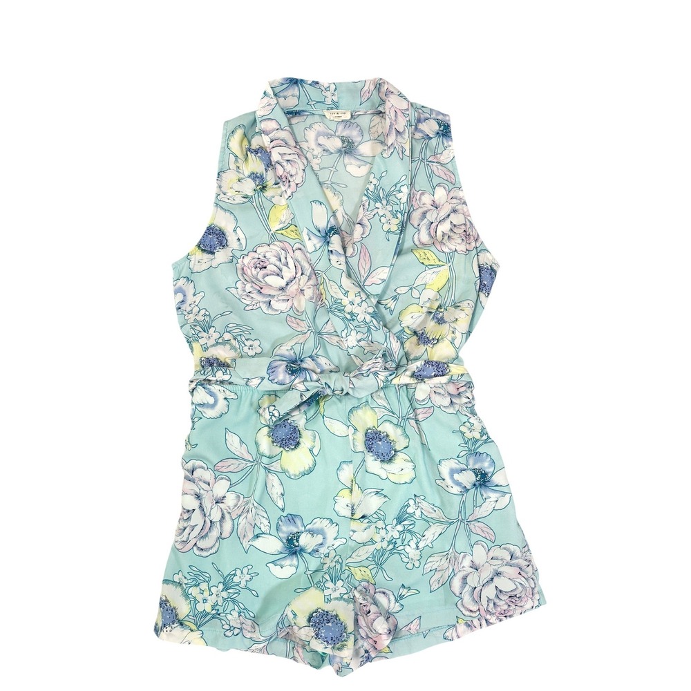 Tea & Cup Los Angeles Floral Sleeveless Romper Teal Blue Purple Large
